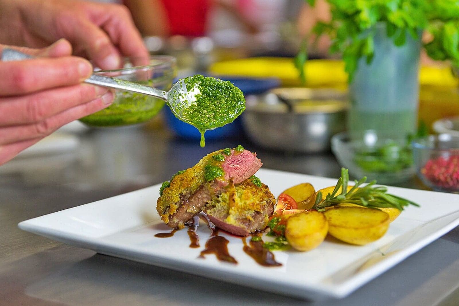 Meat dish with potatoes and herb sauce
